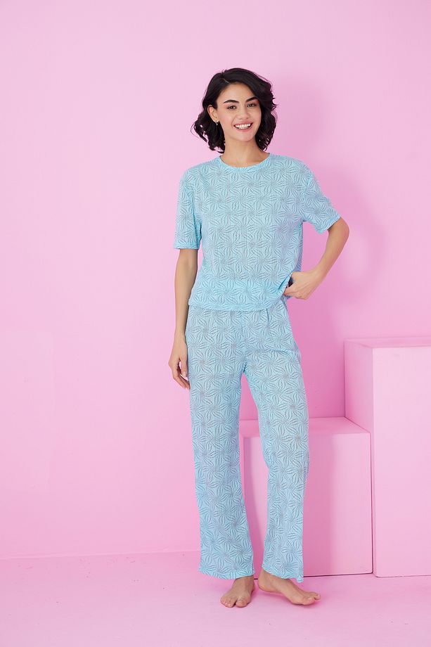 mavi kahve çiçek desenli Pointel Ajurlu/Delikli Bisiklet Yaka Örme Pijama Takım - 2