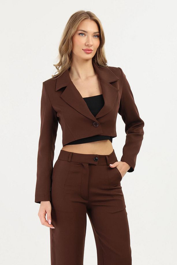 Koyu Kahve Crop Blazer Ceket - 2