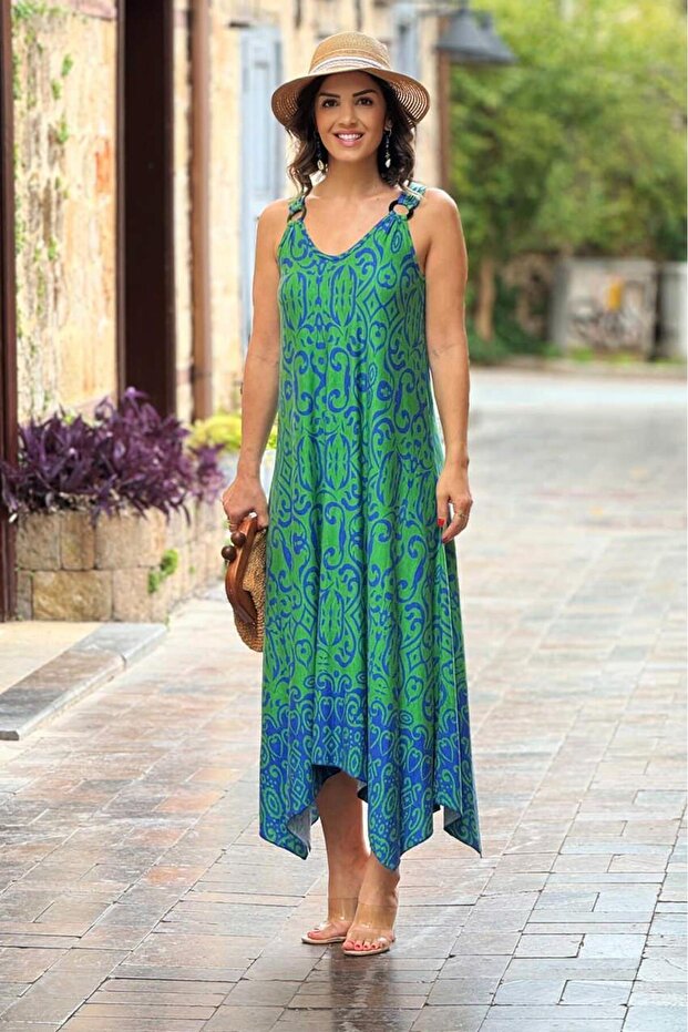 Green Patterned Buckle Strap Cotton Dress
