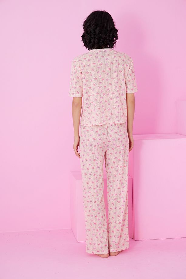 somon çiçek desenli Pointel Ajurlu/Delikli Bisiklet Yaka Örme Pijama Takım - 3