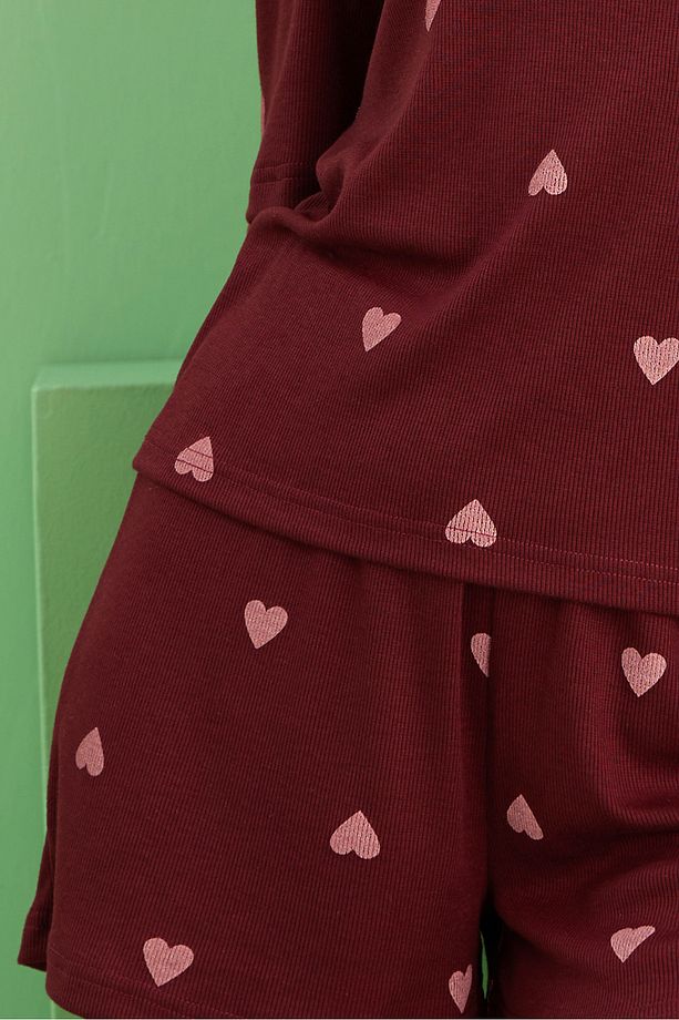 bordo kalp baskılı Fitilli Kaşkorse Örme Şort Takım - 2