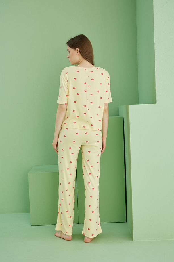sarı kalp baskılı Fitilli Kaşkorse Örme Pijama Takım - 4