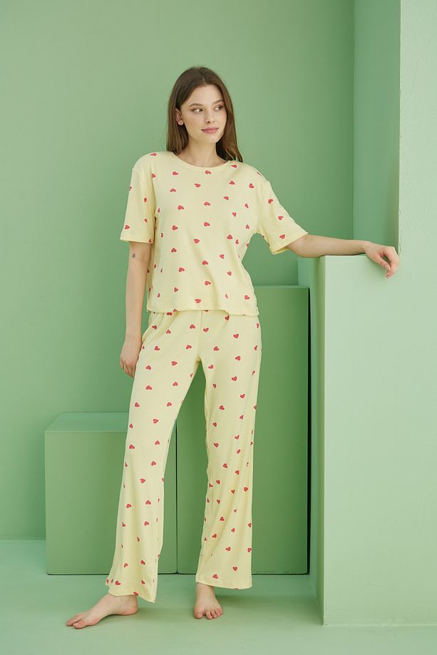 sarı kalp baskılı Fitilli Kaşkorse Örme Pijama Takım - 3