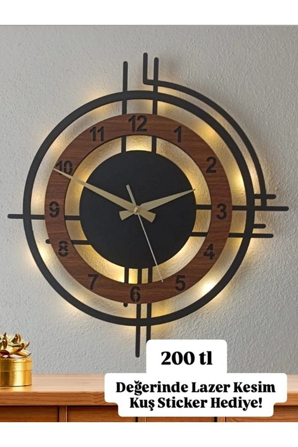 Ceviz Siyah Led Işıklı Duvar Saati | Modern Şık 50 Cm Dekoratif Duvar Saati - 1