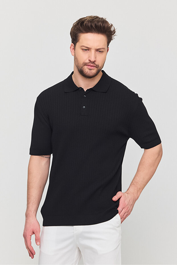 Soria Men's Black Cotton Blended Self-Striped Polo Neck Slim Fit Knitwear