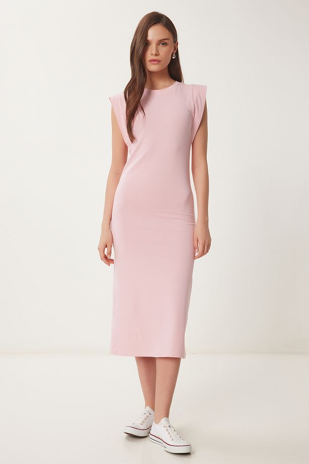 Basic Yazlık Midi Örme Elbise PEMBE LFW0004 - 1