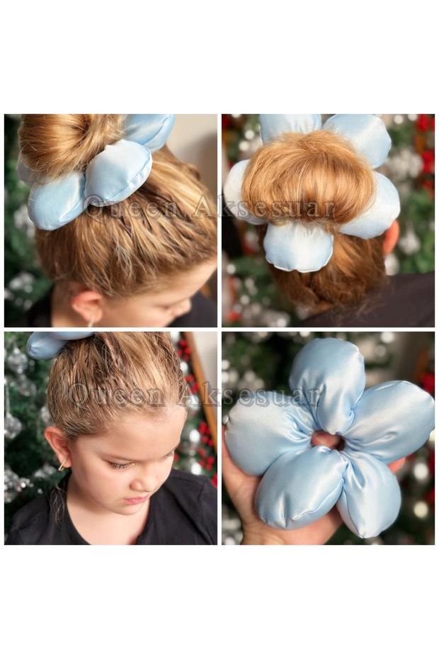 New Fashion Scrunchie Luxury Giant Fluffy Sponge Big Daisy Flower Rubber Scrunchy Satin Blue