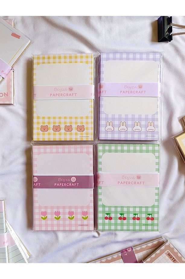BeyzaPaperCraft 4'lü Notepad Seti Ayıcık,Tavşan,Çiçek,Kiraz Desenli-Not Kağıdı,Notepad - 1
