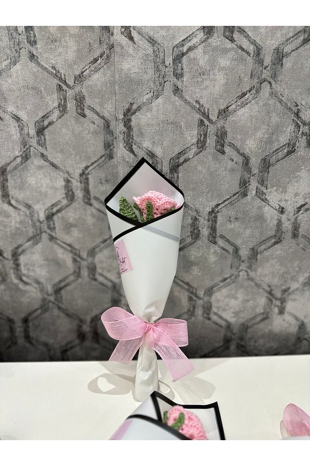 Pembe Tek Örme Örgü Gül Çiçek Buketi|Sevgiliye Hediye |8 Mart Hediye | Solmayan Gül |Anneye Hediye - 2