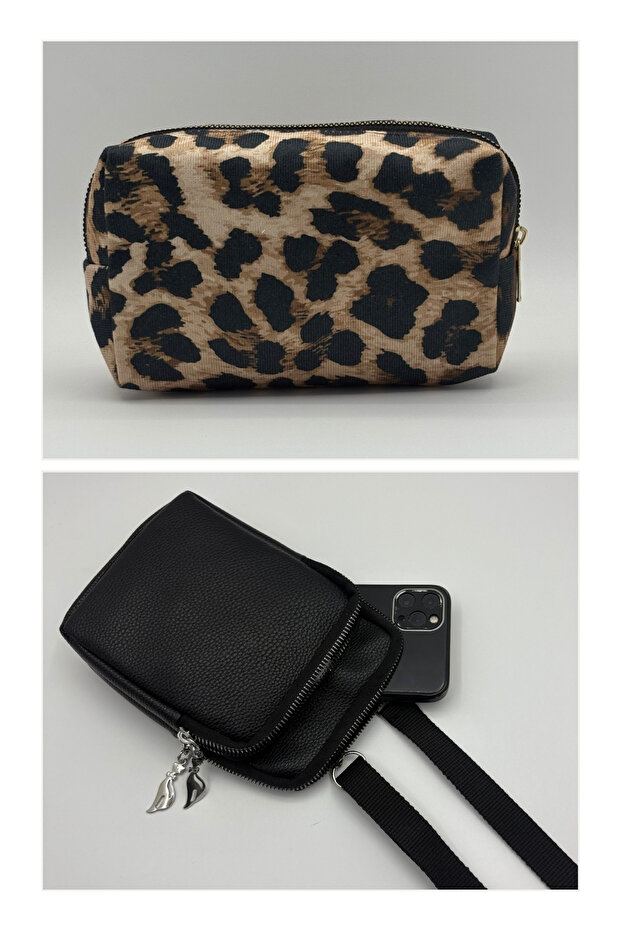 Women's Set of Two Two-Eye Phone Bag and Makeup Bag Set of Two Leopard - Black