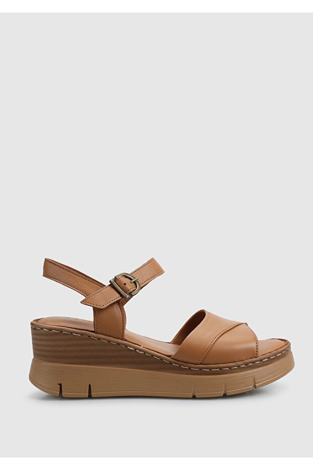 Taba Deri Kadın Topuklu Sandalet - 1