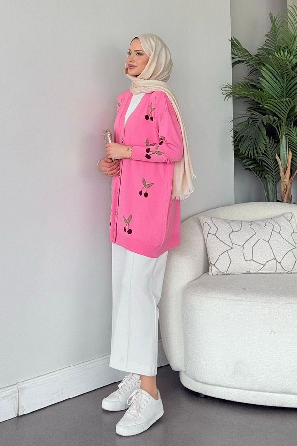 Kirazlı Merserize Hırka Pembe - 2