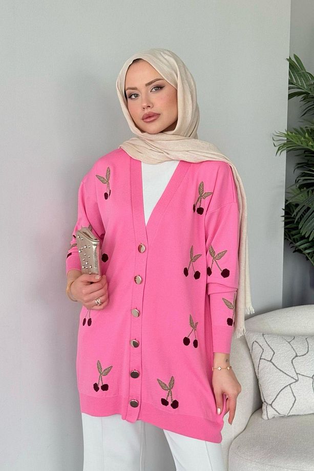 Kirazlı Merserize Hırka Pembe - 3