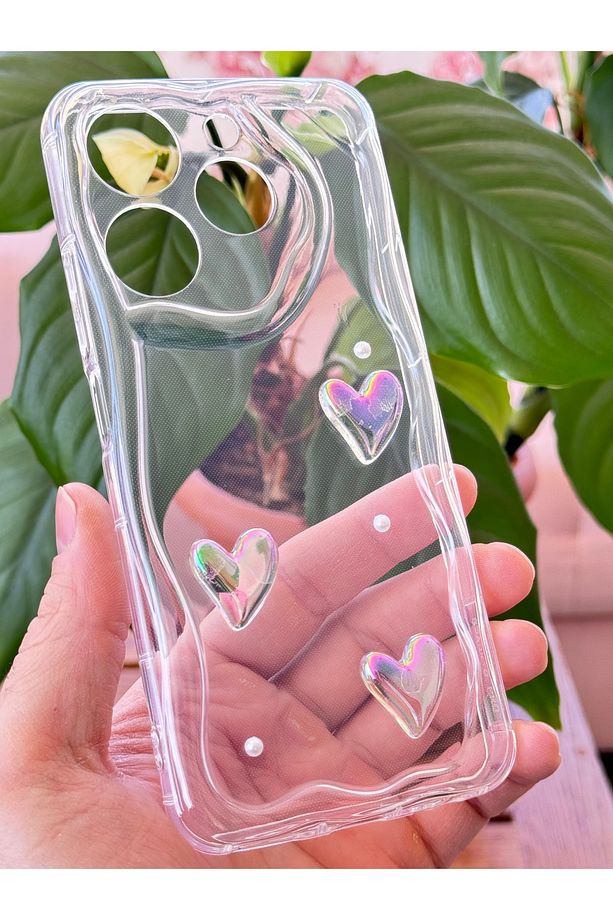 Tecno Spark 10 Pro Kılıf 3D Kalpli İnci Tasarımlı Desenli Kamera Korumalı Şeffaf Silikon Kapak - 2