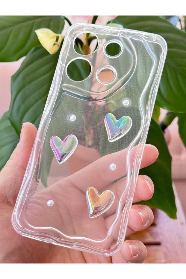 Redmi Note 13 4g Case 3D Heart Pearl Design Patterned Camera Protected Transparent Silicone Cover