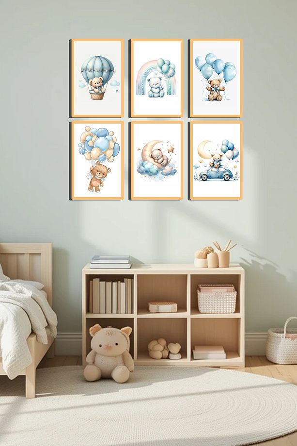 Sevimli Ay Araba Ayı Temalı 6 lı Tablo Set Bohem Çocuk Odası Dekoru (Puzzle Hediyeli) - 1