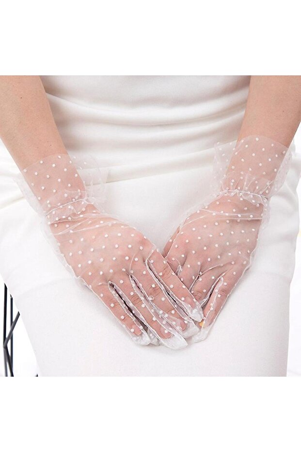 Short Length Laced White Polka Dot Tulle Gloves