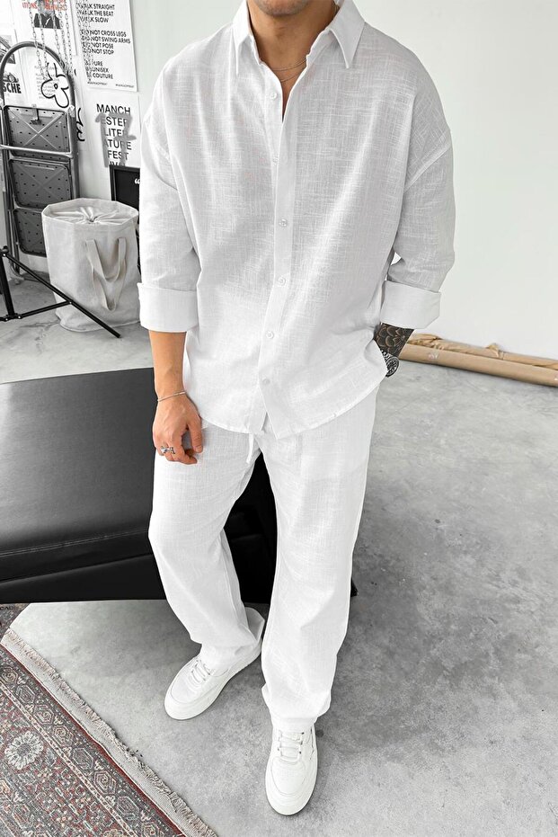 Λευκό Premium Λινό Basic Oversize Πουκάμισο - 1