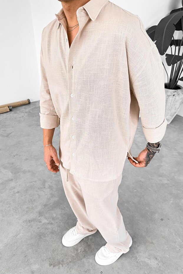 Taş Premium Keten Basic Oversize Gömlek - 5