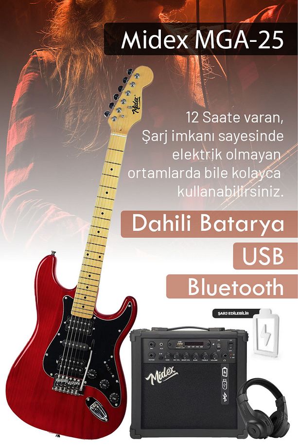 RPH-40RD-25AMP 25W Şarjlı BT Amfili Elektro Gitar Seti HSH Manyetik Maple Klavye - 3