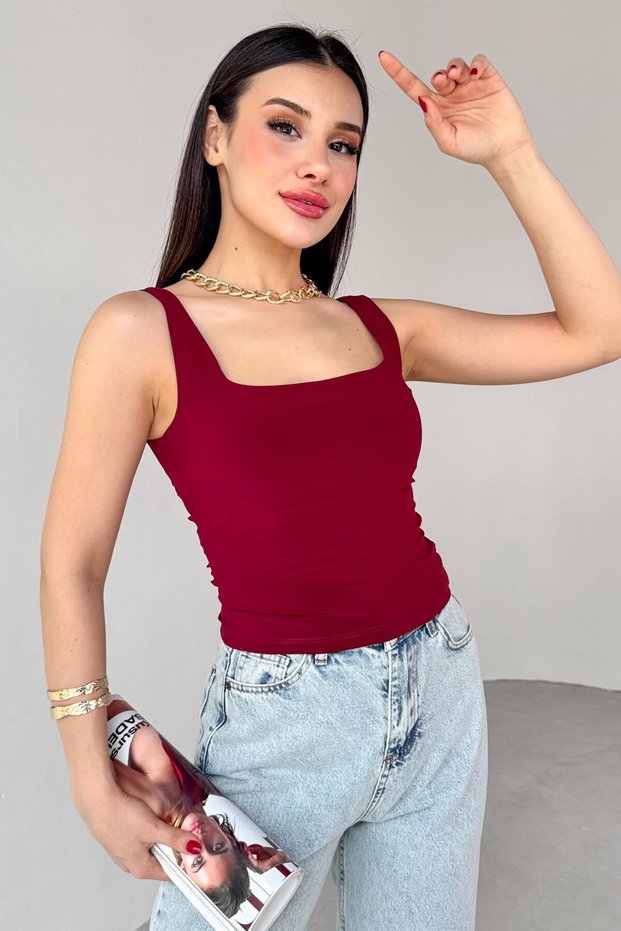 Blz-06280 Burgundy Square Neck Strap Blouse