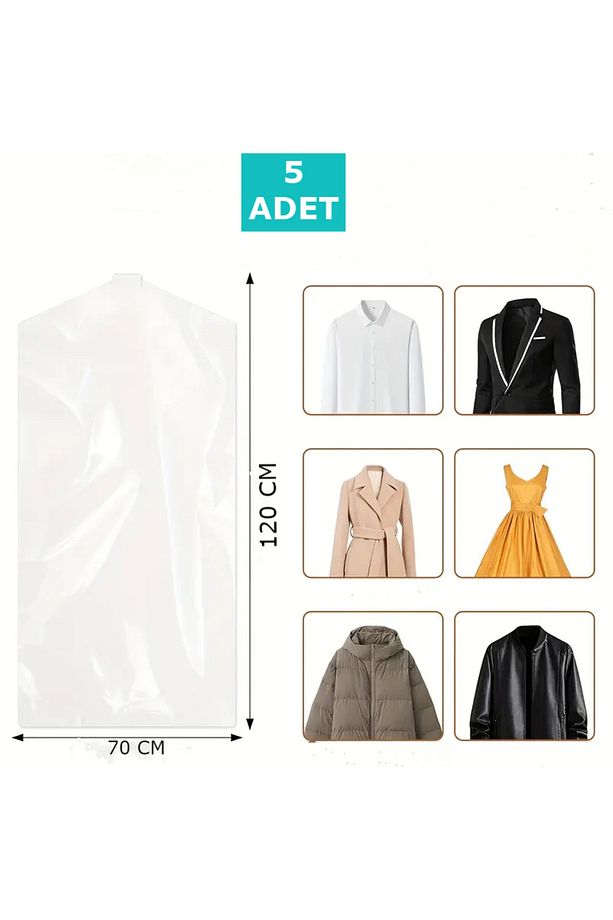 5 Adet 70x120 Cm Şeffaf Elbise Poşeti, Askı Delikli Omuz Kesimli Elbise Poşeti - 1