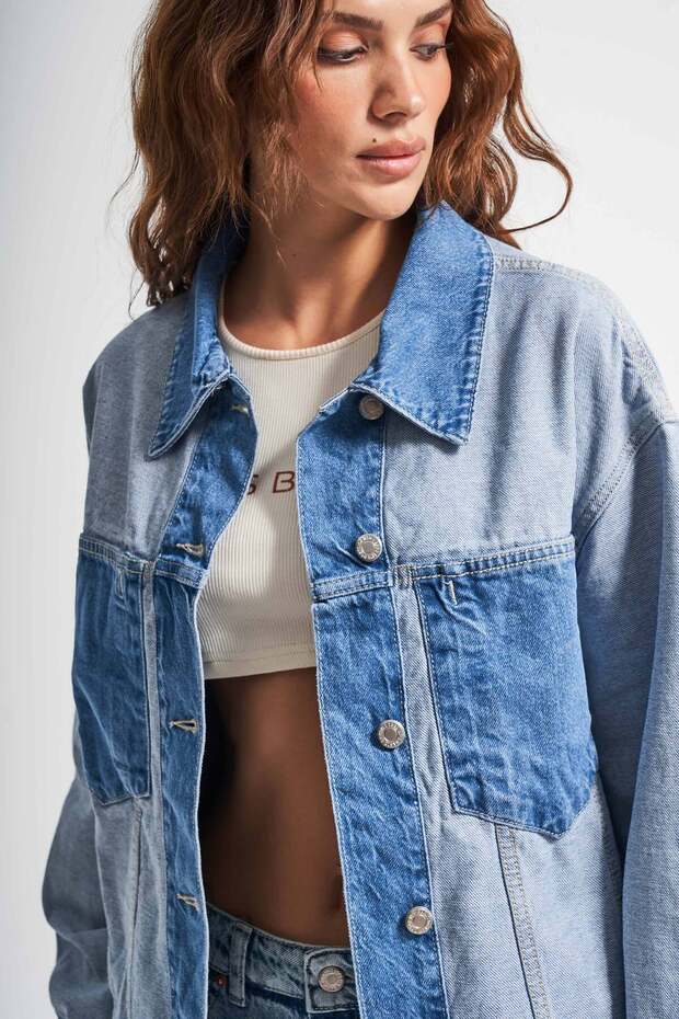 Kadın Kot Rengi Çift Renk Oversize Denim Ceket - 4