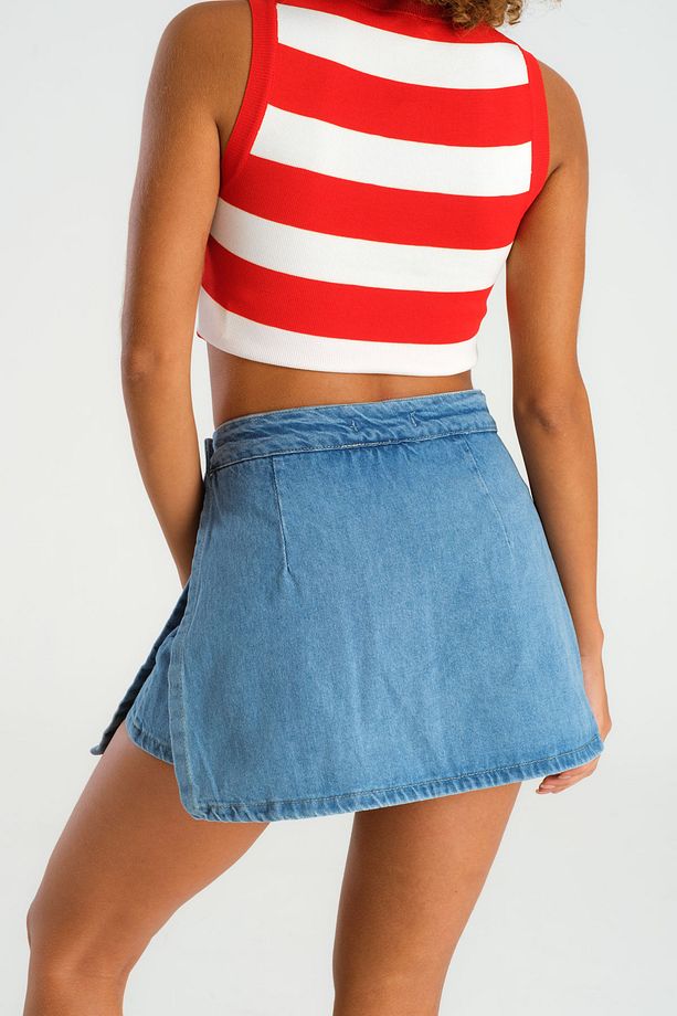 Kadın Taş Mavi Renk Önü Pileli Mini Boy Denim Şort Etek - 7