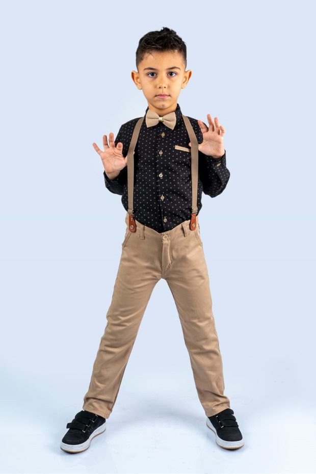 Boy's Gabardine Bow Tie Patterned Suspender Shirt Suit Trousers
