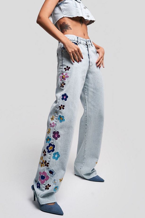 Kadın Snow Kot Rengi Çiçek Nakışlı Loose Fit Tasarım Denim - 1