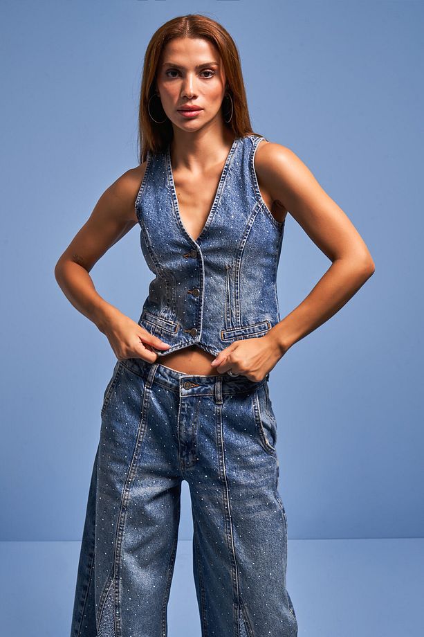 Kadın Kot Rengi Parlak Taşlı Denim Yelek - 6