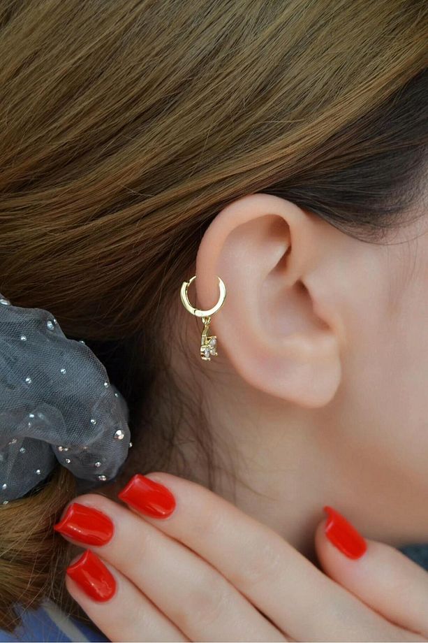 Zirkon Kalp Taşlı Kiraz Charm Halka Piercing – 14k Gold Renk | Helix, Kıkırdak, Lob Uyumlu | Tekli - 5
