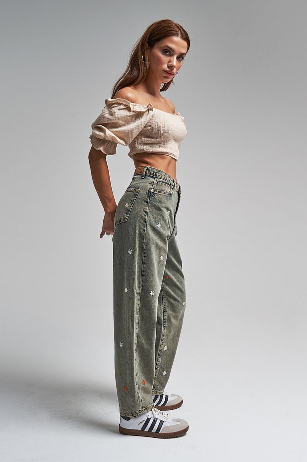 Kadın S Tint Kot Rengi Papatya Nakışlı %100 Koton Denim - 3
