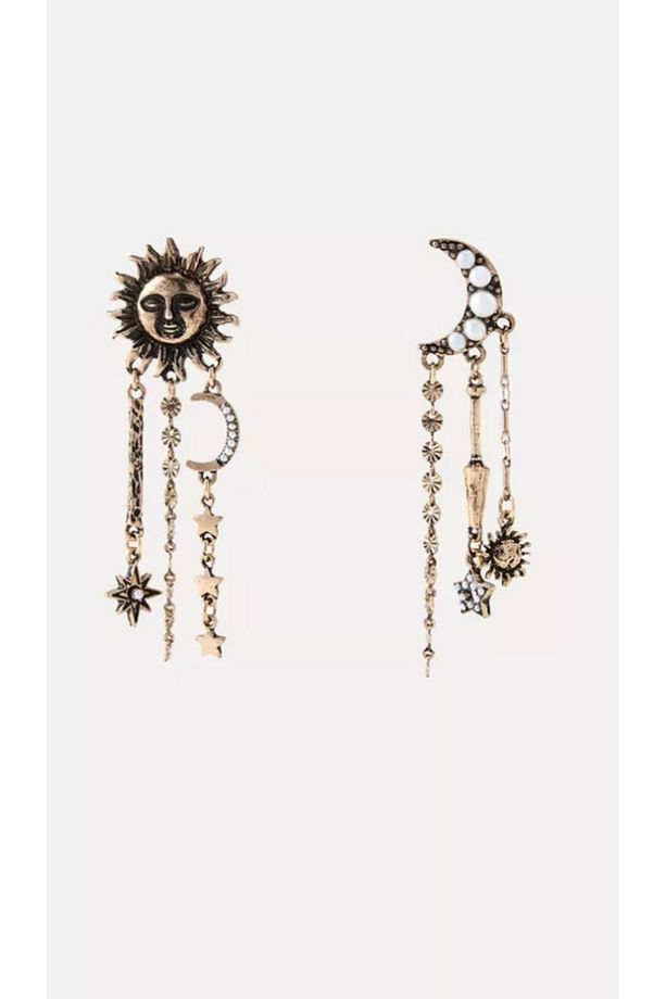 Vintage Güneş ve Ay Model Sallantılı Charm Küpe - 2