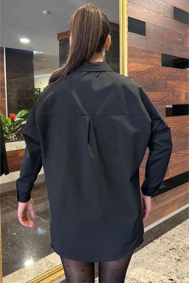 Siyah Kadın Basic Oversize Gömlek - 3
