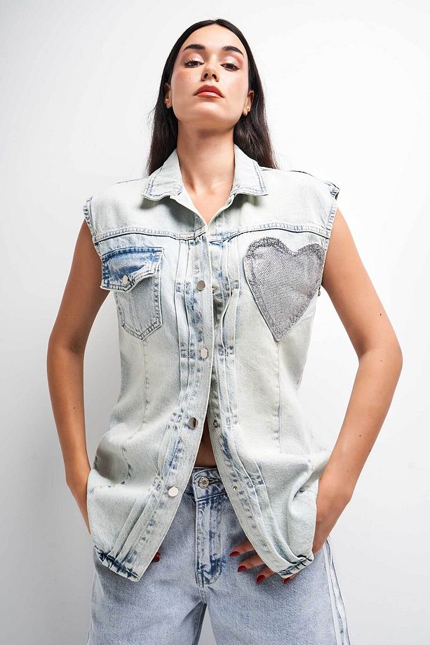 Kadın Tint Kot Rengi Parlak Taşlı Cep Detaylı Uzun Denim Yelek - 3