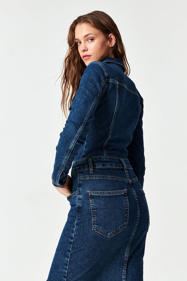 Kadın Koyu Mavi Renk Önü Düğmeli Uzun Denim Elbise - 7