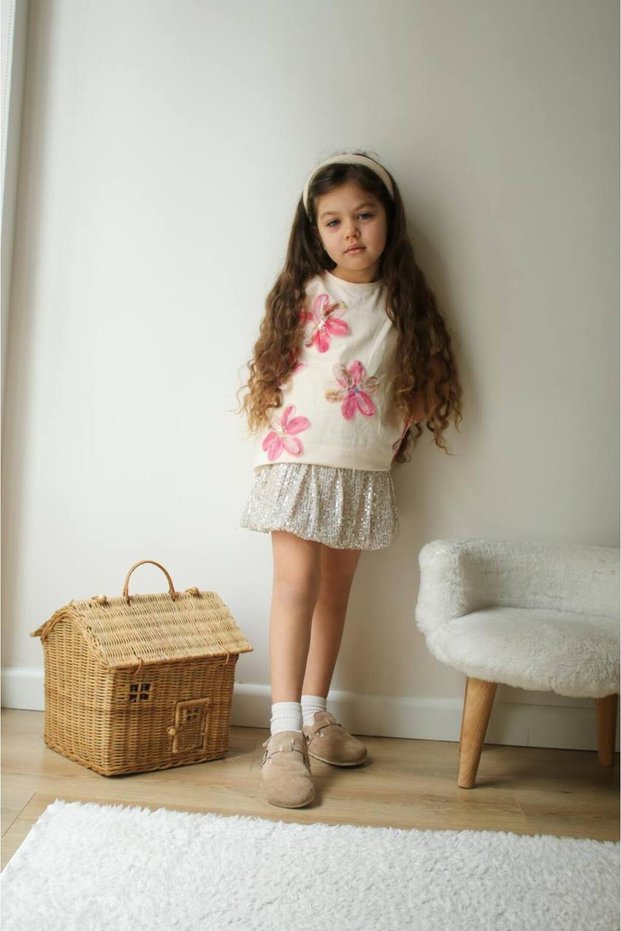 Girl's Tulle Floral Appliqué Detailed Cotton Tshirt Silver Color Detailed Mini Balloon Skirt Underdress Set