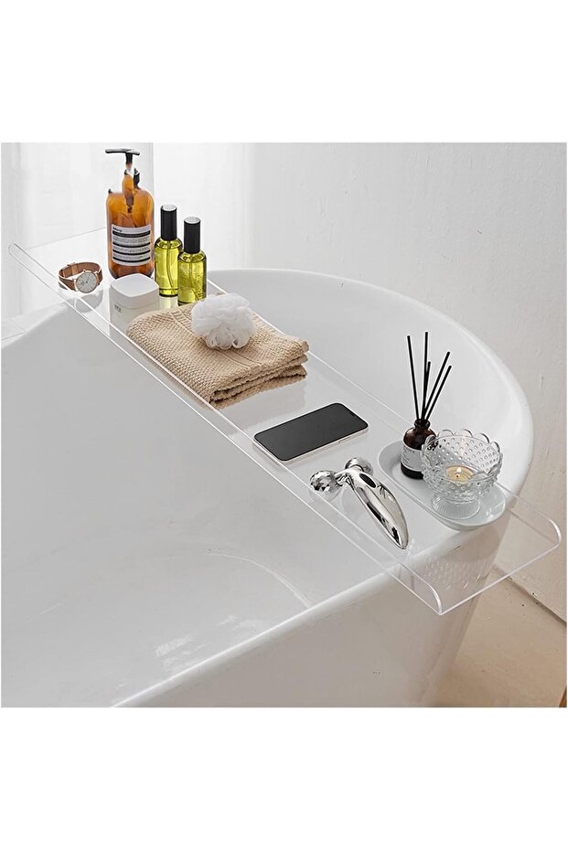 Clear Acrylic Bathtub Caddy Tray - Rectangular Minimalist Organizer for Bathroom.
