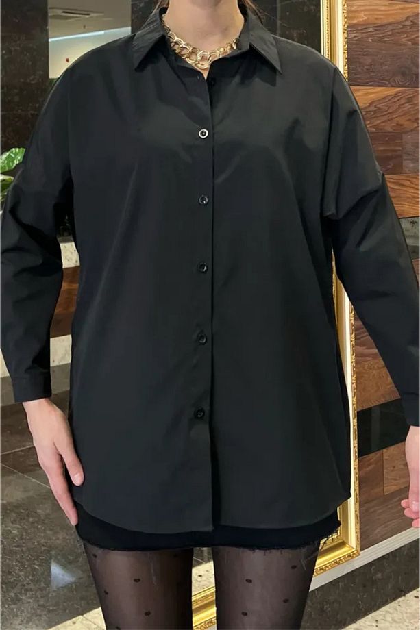 Siyah Kadın Basic Oversize Gömlek - 2