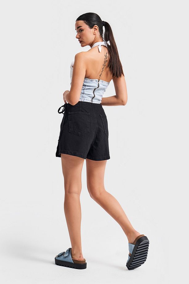Kadın Taşlanmış Siyah Renk Belden Bağcıklı Denim Şort Etek - 6