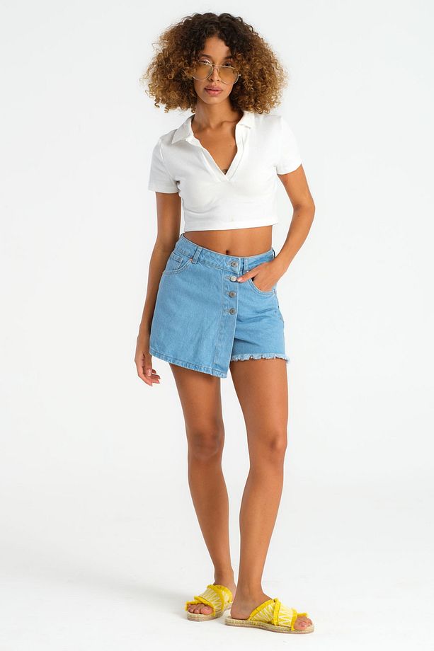 Kadın Ice Mavi Renk Önü Düğmeli Denim Şort Etek - 3
