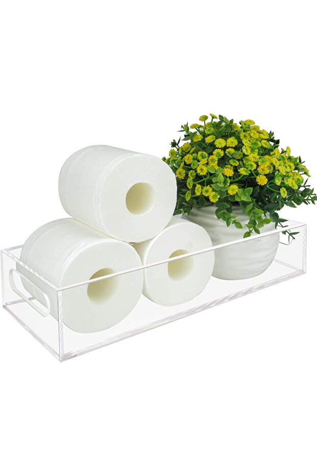 Acrylic Toilet Paper Holder with Storage - Clear Tank Tray with Handles for Bathroom Organization