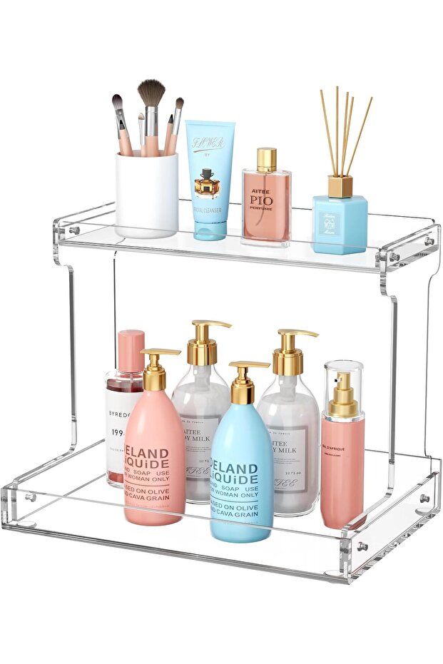 2-Tier Acrylic Countertop Organizer - Clear Bathroom & Kitchen Vanity Tray for Cosmetic Storage