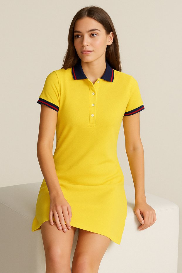 Women's Polo Collar Short Sleeve Dress Yellow
