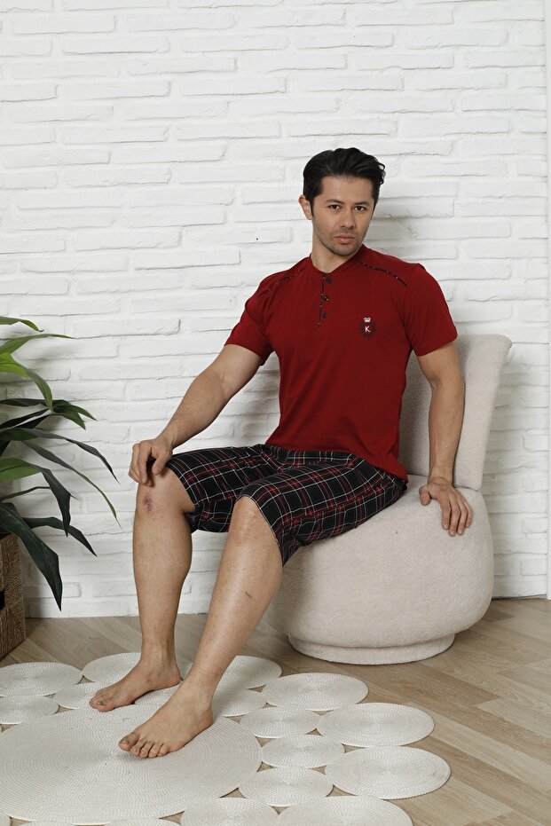 Men's Short Sleeve Capri Collar, Buttoned, Shoulder-Piping, Burgundy Color Pajama Set
