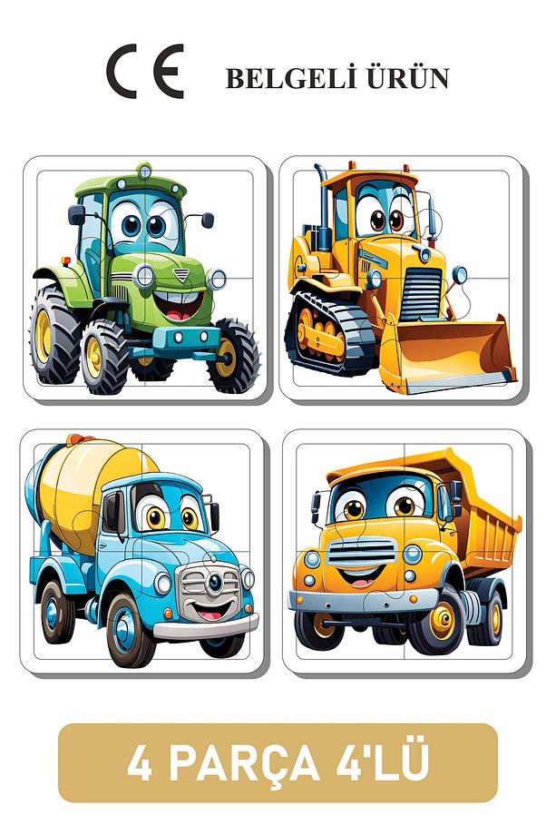 Sevimli İnşaat Makineleri 4 Parça 4 Adet Ahşap Puzzle - 1