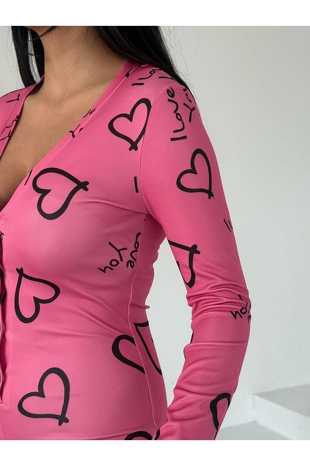 Uzun Kol Şortlu Pembe Kalp Desen Tulum Ev Giyim Pijama Takımı / Pijama Tulum Düğmeli - 1
