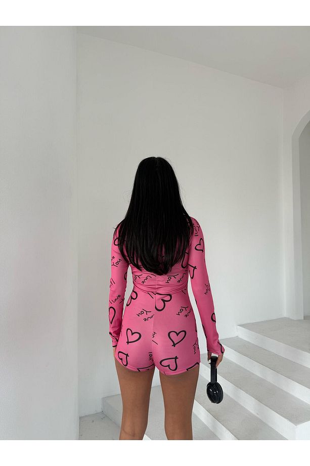 Uzun Kol Şortlu Pembe Kalp Desen Tulum Ev Giyim Pijama Takımı / Pijama Tulum Düğmeli - 5