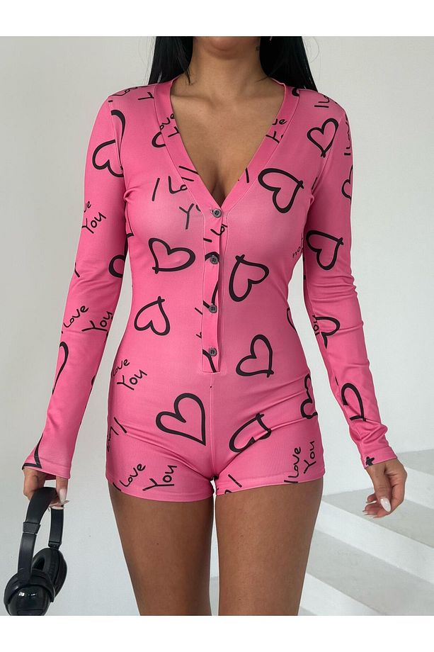 Uzun Kol Şortlu Pembe Kalp Desen Tulum Ev Giyim Pijama Takımı / Pijama Tulum Düğmeli - 2